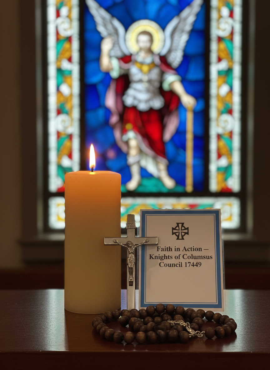 An arrangement of symbolic objects placed carefully on a polished wooden side altar in a Catholic church: a tall beeswax candle with a small, steady flame; a rosary with dark wooden beads coiled in front of a simple metal crucifix; and a laminated card printed with the words “Faith in Action – Knights of Columbus Council 17449.” Behind them, out of focus, is a colorful stained-glass depiction of a saint, allowing soft, multicolored light to bathe the scene. The photographic image is captured at a slightly low angle with a shallow depth of field, emphasizing the candle’s glow and the texture of the beads, creating a reverent, prayerful mood that highlights the council’s spiritual foundation.
