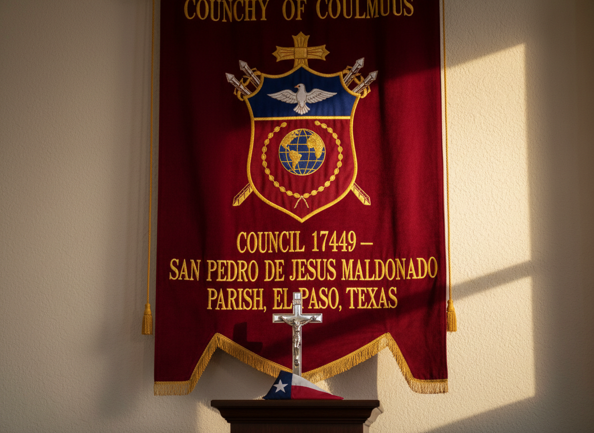 A vibrant, full-color Knights of Columbus council banner hanging against an off-white parish hall wall, embroidered with the order’s shield in deep red, royal blue, and gold thread, and clearly labeled “Council 17449 – San Pedro de Jesus Maldonado Parish, El Paso, Texas.” The heavy fabric drapes naturally, its texture emphasized by warm, directional lighting from the right, casting gentle shadows along the folds. At the base of the banner stands a wooden pedestal displaying a polished metal crucifix and a small Texas flag. Shot in photographic realism at a slightly low angle, with a sharp focus on the stitching and emblems, this image conveys dignity, tradition, and a sense of rooted Catholic identity.