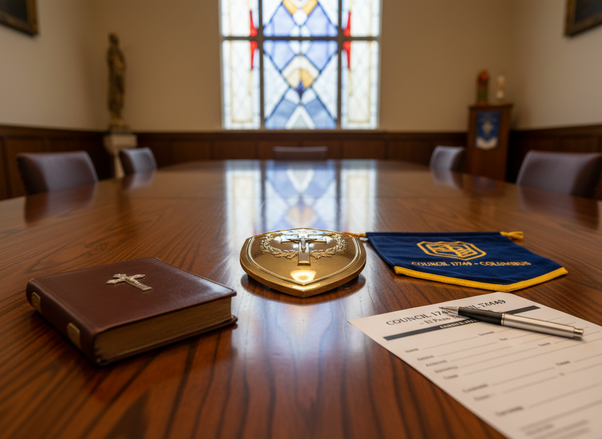 A polished wooden council meeting table in a parish hall, its rich brown grain highlighted by soft overhead lighting, with an ornate brass Knights of Columbus shield emblem resting at the center. Around the emblem are neatly arranged objects: a leather-bound prayer book with a small metal crucifix on its cover, a navy-and-gold council banner folded with crisp edges, and a pen poised over a blank sign-up form labeled “Council 17449 – El Paso, Texas.” The background shows a softly blurred view of a stained-glass window and subtle parish decor. Photographic realism, eye-level composition, shallow depth of field, and a calm, welcoming atmosphere that suggests faith, order, and service.