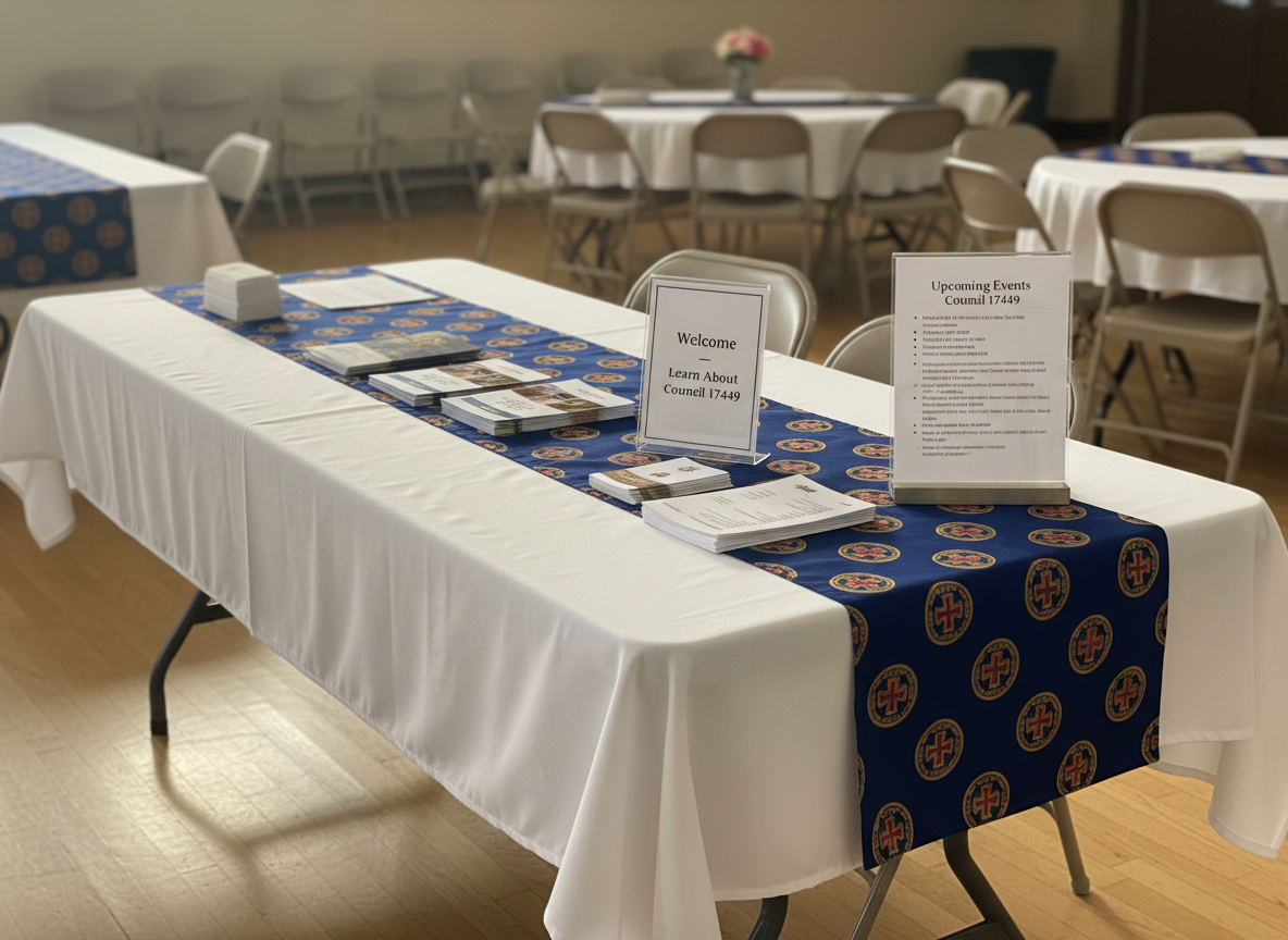 A long, rectangular parish event table covered with a crisp white tablecloth and a navy runner featuring a printed Knights of Columbus emblem at regular intervals, set up in a bright parish hall. On the table are tri-fold brochures about faith, charity, and service, neatly stacked membership forms, and a small acrylic sign reading “Welcome – Learn About Council 17449.” A metal stand holds a laminated schedule of upcoming events. Soft afternoon sunlight streams through unseen windows, creating gentle reflections on the acrylic and subtle shadows on the floor. Photographic realism, eye-level perspective with moderate depth of field, giving a clear view of the materials while softly blurring the hall beyond, evoking an inviting, organized outreach atmosphere.