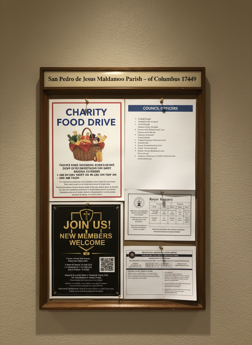 A close-up, photographic image of a parish bulletin board dedicated to Knights of Columbus Council 17449, mounted on a neutral-colored wall in a church hallway. Pushpins hold neatly arranged flyers: one announces a charity food drive, another lists officer roles and contact information, and a third invites new members to join. A small laminated strip at the top reads “San Pedro de Jesus Maldonado Parish – Knights of Columbus.” Warm indoor lighting from overhead fixtures creates even illumination, with soft shadows under the pinned papers. Shot straight-on with sharp focus across the entire board, the composition highlights the variety of colors and typography while maintaining a clean, organized, community-focused atmosphere.